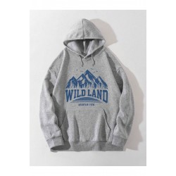 Mountain Baskılı Gri Kapüşonlu Hoodie Sweatshirt