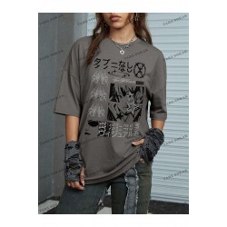 Unisex BAY  Grunge Punk Japon Harf ve Şekil Grafik Damla Omuz Tişört KOD-1344