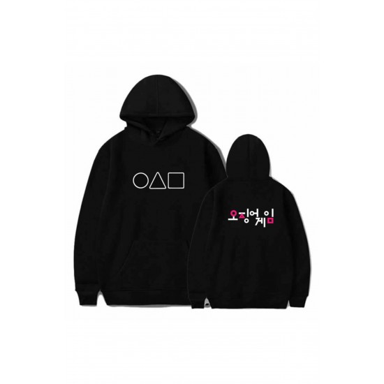 Unisex Siyah Squıd Game Logo Kapüşonlu Oversize Sweatshirt